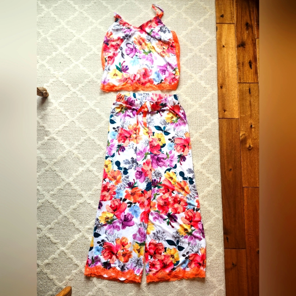 Cacique Coral Floral Two-Piece Pajama Set with Lace Trim